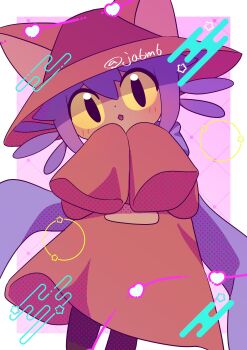 1other :o absurdres androgynous animal_hat ben-day_dots black_eyes blush brown_coat brown_hat cat_hat child coat colored_sclera cowboy_shot dot_nose hat heart highres ja6m6 long_sleeves looking_at_viewer medium_hair niko_(oneshot) oneshot_(game) other_focus parted_lips purple_hair purple_scarf scarf screentones sleeves_past_fingers sleeves_past_wrists solo star_(symbol) twitter_username yellow_sclera