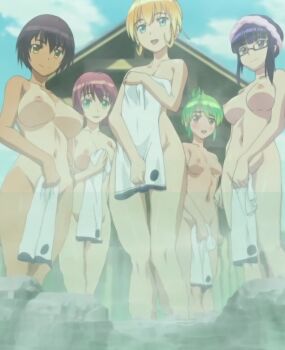 5futa aihara_ai anime_screenshot asakura_mao breasts futabu futanari glasses green_hair implied_futanari itou_aya large_breasts medium_breasts multiple_futa niimura_akane nipples nude oohashi_sumika pink_hair small_breasts standing stitched tagme third-party_edit water