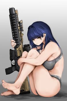 1girl absurdres assault_rifle barefoot bdp_lee blue_hair bra breasts calvin_klein grey_bra grey_panties gun highres holding holding_gun holding_weapon large_breasts long_hair looking_at_viewer mole mole_on_breast mole_on_stomach mole_under_eye original panties rifle sig_mcx underwear weapon yellow_eyes