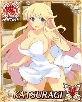 1girl :o blonde_hair border breasts card_(medium) character_name cleavage game_cg gluteal_fold green_eyes katsuragi_(senran_kagura) large_breasts locker locker_room long_hair looking_at_viewer naked_towel official_art senran_kagura senran_kagura_new_wave solo sweat third-party_source towel undone very_long_hair
