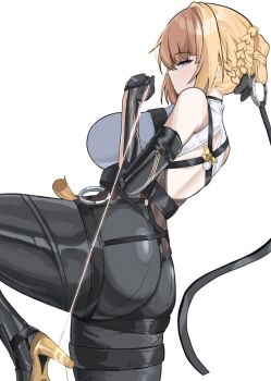 1girl arm_strap ass back_cutout black_pants blonde_hair braid breasts chest_harness clothing_cutout cowboy_shot elbow_gloves evelyn_chevalier fahufahu from_behind gloves harness high-waist_pants highres holding holding_string large_breasts latex_pants leg_up pants purple_eyes ring_hair_ornament single_elbow_glove string tight_clothes tight_pants white_background zenless_zone_zero