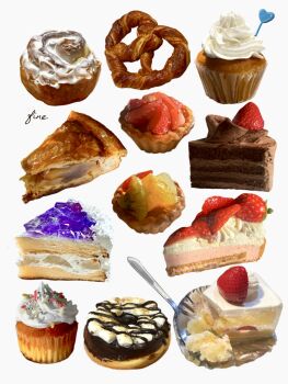 cake cake_slice chocolate_cake chocolate_icing chocolate_syrup cupcake donut fine_9725 food food_focus fruit fruit_tart highres icing original pastry pie pie_slice pretzel simple_background strawberry strawberry_tart tart_(food) whipped_cream white_background