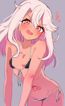 1girl bare_shoulders bikini black_bikini blush breasts chawan_(yultutari) chloe_von_einzbern commentary_request dark-skinned_female dark_skin fate/kaleid_liner_prisma_illya fate_(series) highres long_hair looking_at_viewer navel open_mouth orange_eyes pink_hair sidelocks small_breasts smile solo stomach_tattoo swimsuit tattoo