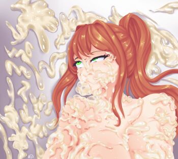 1girl ahegao breasts brown_hair bukkake cum cum_all_over cum_in_mouth cum_on_body cum_on_floor cum_on_hair cum_on_upper_body cum_in_mouth cum_overflow doki_doki_literature_club excessive_cum facial female_focus fucked_silly green_eyes highres huge_breasts long_hair mind_break monika_(doki_doki_literature_club) nofapplease open_mouth rolling_eyes solo