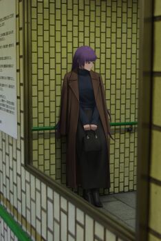 1girl absurdres alternate_costume bag black_boots black_shirt black_skirt blue_eyes blurry boots brown_coat closed_mouth coat commentary depth_of_field handbag high_heel_boots high_heels highres holding long_hair long_skirt long_sleeves looking_to_the_side mirror monogatari_(series) nemo_ringo open_clothes open_coat purple_hair railing reflection senjougahara_hitagi shirt skirt sleeves_past_wrists solo symbol-only_commentary tile_wall tiles train_station_platform very_long_hair