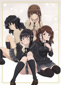 Rule 34 | 4girls, amagami, black bow, black bowtie, black eyes, black hair, black hairband, black jacket, black sailor collar, black socks, black thighhighs, blazer, blue eyes, blunt bangs, blush, border, bow, bowtie, brown eyes, brown hair, brown shoes, brown sweater, closed mouth, convenient skirt, curly hair, drill hair, full body, gradient background, grey background, grey skirt, hairband, hand on own chest, head rest, jacket, kamizaki risa, kibito high school uniform, kneehighs, loafers, long hair, long sleeves, looking at viewer, messy hair, miniskirt, morishima haruka, multiple girls, nakata sae, official art, one eye closed, outside border, pleated skirt, sailor collar, school uniform, shoes, sitting, skirt, smile, snowflakes, socks, sweater, tanamachi kaoru, thighhighs, thighs, twintails, wariza