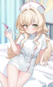 1girl alternate_costume blonde_hair blue_archive blush closed_mouth commentary_request dress green_eyes halo hat highres holding holding_syringe looking_at_viewer nurse nurse_cap professor_niyaniya_(blue_archive) shinori_(efvbji6264) short_sleeves sidelocks smile solo syringe white_dress white_hat yellow_halo