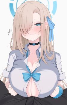 1boy 1girl absurdres asuna_(blue_archive) black_choker blue_archive blue_bow blue_bowtie blue_eyes blue_halo blue_ribbon blue_scrunchie bow bowtie brown_hair button_gap choker commentary grey_shirt hair_over_one_eye hair_ribbon halo hetero highres long_hair nui_(nuinui0300) ribbon scrunchie sensei_(blue_archive) shirt solo_focus translation_request wrist_scrunchie