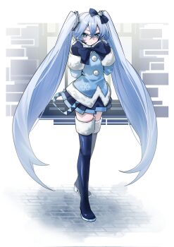 Rule 34 | 1girl, black skirt, blue bow, blue bowtie, blue eyes, blue hair, blue jacket, blue mittens, blue thighhighs, blue trim, boots, bow, bowtie, closed mouth, commentary request, full body, fur-trimmed jacket, fur-trimmed thighhighs, fur trim, hair between eyes, hair bow, hair ornament, hands up, hatsune miku, highres, jacket, light blush, long hair, looking at viewer, microphone, miniskirt, mittens, myuga66666, pleated skirt, pout, skirt, snow print, solo, stomach, thigh boots, thighhighs, twintails, v-shaped eyebrows, very long hair, vocaloid, yuki miku, zettai ryouiki