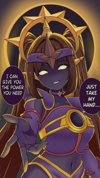 1girl :d arm_at_side armor backlighting bikini_armor black_background black_skin blank_eyes blunt_bangs brown_hair choker collarbone colored_sclera colored_skin commentary cowboy_shot dodoman0414 english_commentary english_text fingerless_gloves foreshortening gloves gold_halo gold_trim grin hair_intakes halo head_tilt highres long_hair looking_at_viewer navel open_mouth purple_armor purple_choker purple_gloves reaching reaching_towards_viewer roblox shoulder_armor sidelocks simple_background smile solo standing stomach the_umbra_(tower_defense_simulator) tower_defense_simulator twintails very_long_hair yellow_halo yellow_sclera