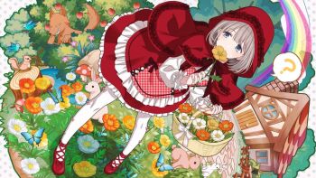 1girl ? apple basket blue_eyes bug butterfly covered_mouth flower flower_basket food fruit full_body grey_hair holding holding_basket holding_flower hood hood_up house idolmaster idolmaster_shiny_colors insect little_red_riding_hood_(fairy_tale) little_red_riding_hood_(fairy_tale_character) mushroom official_alternate_costume official_art pantyhose rabbit rainbow red_hood red_shorts serizawa_asahi shorts solo spoken_question_mark squirrel tree_stump white_pantyhose wolf