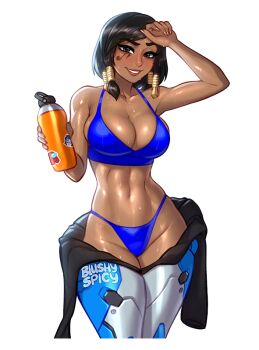 1girl abs among_us arm_up artist_name bare_arms bare_shoulders bikini bikini_under_clothes black_hair blizzard_(company) blue_bikini blushyspicy bodysuit bottle breasts brown_eyes brown_lips character_sticker cleavage clothes_around_waist collarbone cowboy_shot dark-skinned_female dark_skin eye_of_horus facial_tattoo hair_tubes holding holding_bottle large_breasts looking_at_viewer medium_hair navel open_bodysuit open_clothes original overwatch pharah_(overwatch) red_(among_us) shiny_skin short_hair smile solo sticker sweat swimsuit tattoo thick_eyebrows toned transparent_background vivian_seong_(blushyspicy) water_bottle wide_hips