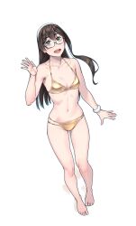Rule 34 | 1girl, :d, alternate costume, aqua eyes, bare arms, bare legs, bare shoulders, barefoot, bikini, blue eyes, blush, breasts, brown hair, full body, glasses, gold bikini, green eyes, groin, hair between eyes, hairband, highres, kantai collection, long hair, looking at viewer, multi-strapped bikini bottom, navel, ooyodo (kancolle), open mouth, semi-rimless eyewear, sidelocks, simple background, smile, solo, standing, stomach, string bikini, swimsuit, under-rim eyewear, very long hair, white background, yuuji (and)