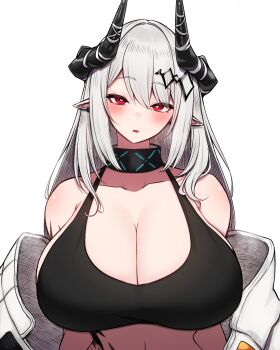 Rule 34 | 1girl, alternate breast size (larger), arknights, armpit crease, arms at sides, bare arms, bare shoulders, black collar, black horns, black sports bra, blush, breasts, bright pupils, cleavage, clothes down, collar, collarbone, commentary request, demon horns, diamond hair ornament, ear piercing, grey hair, hair between eyes, hair ornament, hairclip, head tilt, heavy breathing, highres, horns, huge breasts, infection monitor (arknights), jumpsuit, long hair, looking at viewer, material growth, mudrock (arknights), open jumpsuit, oripathy lesion (arknights), paid reward available, piercing, pointy ears, red eyes, rikuguma, simple background, solo, sports bra, upper body, white background, white jumpsuit, white pupils