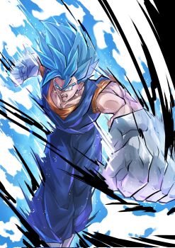 Rule 34 | 1boy, aura, blue eyes, blue hair, blue pants, blue sash, blue shirt, boots, clenched hands, commentary request, dougi, dragon ball, dragon ball super, earrings, feet out of frame, gamr1p, gloves, highres, jewelry, korean commentary, male focus, motion lines, muscular, muscular male, open mouth, orange shirt, pants, potara earrings, punching, sash, shirt, solo, speed lines, super saiyan, super saiyan blue, vegetto, white background, white boots, white gloves