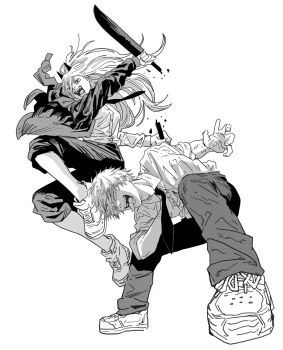 1boy 1girl black_jacket black_necktie black_pants breasts chainsaw_man clenched_hand collared_shirt commentary_request demon_girl demon_horns denji_(chainsaw_man) fighting_stance furrowed_brow greyscale hair_between_eyes highres holding holding_knife horns jacket knife long_hair medium_breasts monochrome necktie open_mouth pants pants_rolled_up power_(chainsaw_man) sharp_teeth shirt shoes short_hair sleeves_rolled_up sneakers squatting sukesukeburger teeth tongue tongue_out white_background white_shirt white_shoes