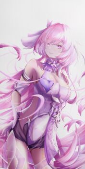 1girl absurdres bare_shoulders black_shorts breasts commentary_request corset diamond-shaped_pupils diamond_(shape) elysia_(herrscher_of_human:_ego)_(honkai_impact) elysia_(honkai_impact) highres honkai_(series) honkai_impact_3rd large_breasts long_hair looking_at_viewer omaigoodgoodeat pink_hair purple_eyes short_shorts shorts smile solo symbol-shaped_pupils triquetra very_long_hair white_corset