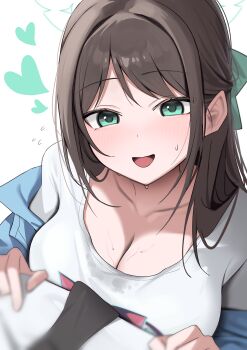 Rule 34 | 1boy, 1girl, absurdres, airi (band) (blue archive), airi (blue archive), black hair, black necktie, blue archive, blue jacket, blush, breasts, cleavage, collarbone, flying sweatdrops, half updo, halo, heart, highres, jacket, jacket partially removed, large breasts, momocadraw, necktie, official alternate costume, pov, sensei (blue archive), shirt, simple background, smile, sweat, white background, white shirt