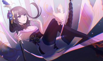 1girl black_panties black_thighhighs blue_pupils blunt_bangs braid breasts cleavage dango engulfing_lightning_(genshin_impact) fan_hair_ornament floating floating_hair flower_ornament food from_side genshin_impact gradient_background hair_floating_upwards hair_ornament hashtag-only_commentary highres holding holding_polearm holding_weapon japanese_clothes kimono knee_up large_breasts light_particles long_braid long_hair looking_to_the_side mitsudomoe_(shape) mole mole_under_eye neck_ribbon off_shoulder panties parted_lips polearm purple_eyes purple_hair purple_kimono raiden_shogun red_ribbon red_sash ribbon sash shade single_braid thighhighs tomoe_(symbol) tttsybbbmch underwear wagashi weapon yae_miko yae_miko_(fox)