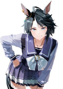 Rule 34 | 1girl, absurdres, ahoge, animal ears, black hair, blue eyes, blush, bow, bowtie, breasts, closed mouth, collarbone, commentary request, ear ornament, fuji kiseki (umamusume), hair between eyes, highres, horse ears, horse girl, horse tail, horseshoe ornament, leaning forward, long sleeves, looking at viewer, multicolored hair, pleated skirt, purple sailor collar, purple serafuku, purple skirt, sailor collar, sailor shirt, school uniform, serafuku, shirt, short hair, simple background, skirt, smile, solo, tail, tracen school uniform, umamusume, white background, white bow, white bowtie, white hair, yoojp