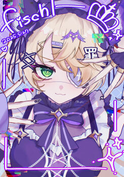 1girl :3 alternate_costume ama_some_(kr0ri) artist_name bandaid bandaid_hair_ornament black_nails blonde_hair bow breasts chain commentary dot_nose english_text eyepatch fingerless_gloves fischl_(genshin_impact) frills genshin_impact gloves green_eyes hair_ornament happy_birthday heart heart_eyepatch highres large_breasts light_blush light_smile maid maid_headdress makeup nail_polish purple_bow x_hair_ornament