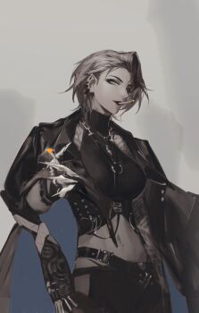 1girl absurdres arm_tattoo belt black_belt black_shirt breasts cigarette ear_piercing gloves grey_background grey_eyes grey_hair highres holding holding_cigarette jacket jewelry large_breasts looking_at_viewer medium_hair navel navel_piercing pants path_to_nowhere piercing rafaelaaa shirt shoulder_tattoo simple_background sleeveless sleeveless_shirt smoking solo tattoo zoya_(path_to_nowhere)