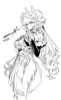 1girl apron blush breasts dragon_girl dragon_horns duel_monster highres horns kasanashiameari lace-trimmed_apron lace_trim lady&#039;s_dragonmaid long_hair maid maid_apron maid_headdress monochrome ribbon simple_background smile solo twitter_username white_background yu-gi-oh!