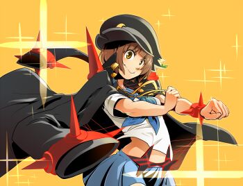Rule 34 | 10s, 1girl, banchou, blue skirt, bracelet, brown hair, coat, delinquent, female focus, hat, highres, jewelry, kamihitoe, kill la kill, looking at viewer, mankanshoku mako, school uniform, serafuku, short hair, skirt, solo, spiked bracelet, spikes, yellow eyes