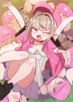 1girl :d absurdres belt_collar blush collar dress fang hands_up highres jacket jikkyou_powerful_pro_yakyuu looking_at_viewer makaino_ririmu makaino_ririmu_(3rd_costume) nijisanji one_eye_closed open_clothes open_jacket open_mouth pink_headwear pink_jacket pointy_ears red_eyes short_dress skin_fang smile solo_focus utsusumi_kio virtual_youtuber white_dress