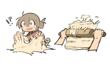 Rule 34 | !?, 1girl, brown eyes, brown hair, commentary, dough, english commentary, hair bun, holding rolling pin, open mouth, original, rolling dough, rolling pin, simple background, single hair bun, smile, solo, stuck, sweatdrop, temmie chang, temmie chang (character), white background