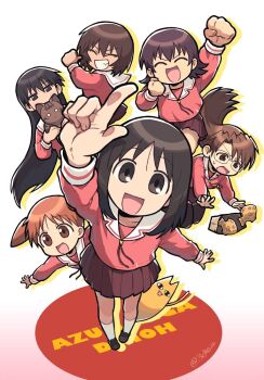 Rule 34 | 3cho, 6+girls, azumanga daioh's school uniform, azumanga daiou, black hair, brown eyes, brown hair, cat, cheering, mihama chiyo's father, closed eyes, english text, falling, glasses, gradient background, jacket, kagura (azumanga daioh), kasuga ayumu, logo, long hair, long sleeves, mayaa (azumanga daioh), mihama chiyo, mihama chiyo's father, miniskirt, mizuhara koyomi, multiple girls, open mouth, pointing, red jacket, red skirt, sakaki (azumanga daioh), school uniform, short hair, skirt, smile, takino tomo, tan, teeth, twintails, twitter username, very long hair, white background