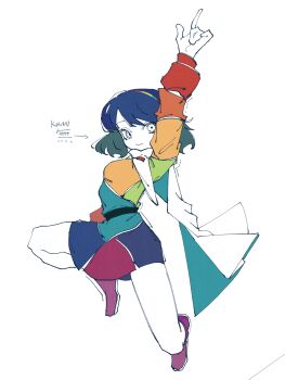 1girl 4qw5 arm_up blue_dress blue_hair cape closed_mouth commentary_request dress full_body green_dress hairband highres long_sleeves looking_at_viewer medium_hair multicolored_dress multicolored_hairband orange_dress patchwork_clothes pink_shoes pointing pointing_up rainbow_gradient red_dress shoes smile solo tenkyuu_chimata touhou white_background white_cape white_eyes