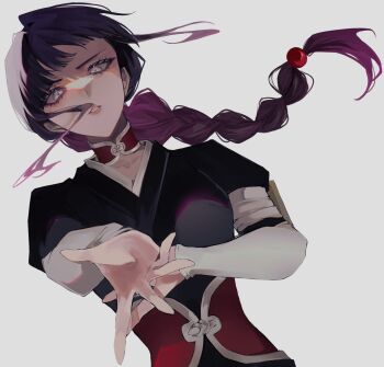 1girl 2024 badge bleach braid braided_ponytail breasts choker collarbone corset female_focus fukutaichou_badge highres kurotsuchi_nemu large_breasts long_hair looking_at_viewer purple_hair simple_background ui_1231 upper_body