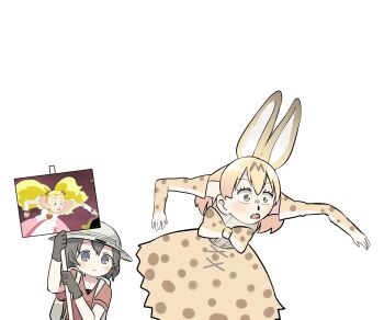 10s animal_ears backpack bag black_hair blonde_hair elbow_gloves extra_ears fuyuri_(tibirobo) gloves hat highres kaban_(kemono_friends) kemono_friends photo-referenced photo_inset quality reference_inset serval_(kemono_friends) sign white_background