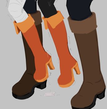 1boy 1girl bandaged_leg bandages boots commentary english_commentary high_heel_boots high_heels highres implied_sex kono_subarashii_sekai_ni_shukufuku_wo! kurokimoko legs lifting_person lower_body megumin pussy_juice satou_kazuma trembling