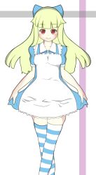 Rule 34 | 1girl, apron, asymmetrical legwear, black alice (mon-musu quest!), blonde hair, blue bow, blue dress, blue thighhighs, blunt bangs, bow, breasts, closed mouth, commentary request, curtsey, dress, feet out of frame, hair bow, highres, light blush, long hair, looking at viewer, mismatched legwear, mon-musu quest!, mushturb8, partial commentary, red eyes, short sleeves, sidelocks, simple background, small breasts, smile, solo, straight-on, striped clothes, striped thighhighs, thighhighs, white apron, white background, white thighhighs, zettai ryouiki