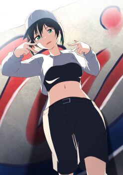1girl absurdres belt black_hair breasts commentary from_below gradient_hair green_eyes green_hair hat highres long_sleeves looking_at_viewer love_live! love_live!_nijigasaki_high_school_idol_club medium_breasts medium_hair midriff multicolored_hair navel shorts solo takasaki_yu twintails zasshoku_ojisan