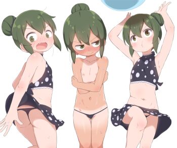 1girl armpits arms_up ass bikini bikini_tan black_bikini blush bubukka commentary_request fang female_focus flat_chest green_eyes green_hair hair_bun igarashi_futaba loli multiple_views navel nipples polka_dot polka_dot_bikini senpai_ga_uzai_kouhai_no_hanashi short_hair single_hair_bun sweat swimsuit tan tanline thong topless_female