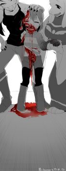 3others amputee black_shirt bleeding blood blood_drip blood_on_clothes blood_on_face blood_on_ground blood_on_hands boots brain closed_eyes commentary_request deep_wound disembowelment dismemberment drop_shadow exposed_bone exposed_brain exposed_muscle frisk_(undertale) grey_boots grey_pants grey_robe grey_sweater greyscale grin guro hand_on_another's_head hand_on_own_hip highres holding_hands indoors injury intestines monochrome multiple_others murder mutilation navel_peek outside_border pants partially_colored pool_of_blood robe shirt skull sleeveless sleeveless_shirt smile spot_color striped_clothes striped_sweater suno_(imydream) sweater toriel torn_clothes torn_sweater undertale undyne utdr_(toby_fox)