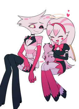 1boy 1girl :3 :d ^_^ absurdres angel_dust animal animal_on_lap black_boots black_bow black_bowtie black_choker black_dress black_sclera black_skirt boots bow bowtie brooch brother_and_sister choker circle_facial_mark closed_eyes closed_mouth colored_sclera commentary_request crossed_arms dress elbow_gloves extra_arms extra_legs eyeshadow facial_mark fat_nuggets fewer_digits frilled_dress frills furry furry_female furry_male gloves hairband halo hazbin_hotel heart hellaverse highres holding holding_animal hooves horns invisible_chair jewelry juliet_sleeves long_hair long_sleeves looking_at_another makeup menma_(enaic31) miniskirt mismatched_sclera molly_(hazbin_hotel) on_lap open_mouth pencil_skirt pig pink_bow pink_bowtie pink_eyes pink_eyeshadow pink_gloves pink_hairband pink_shirt puffy_sleeves raised_inner_eyebrows shirt siblings signature simple_background sitting skirt smile striped_clothes striped_shirt thigh_boots traditional_bowtie twins two-tone_shirt two-tone_wings very_long_hair white_background white_fur white_gloves white_shirt white_wings wings yellow_halo yellow_wings