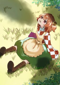 Rule 34 | 1girl, apron, bell, boots, brown shoes, checkered clothes, checkered kimono, commentary request, delta delta, full body, grass, green skirt, hair bell, hair ornament, highres, japanese clothes, kimono, looking up, motoori kosuzu, open mouth, orange hair, outdoors, red eyes, shoes, short hair, sitting, skirt, solo, touhou, yellow apron