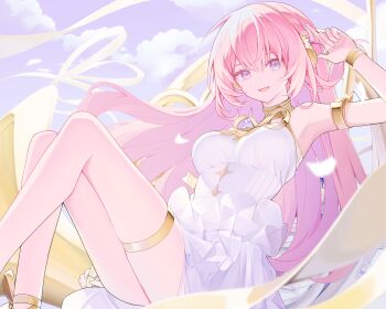 1girl absurdres armband armpits ass bracelet breasts cloud commentary_request dress feet_out_of_frame hand_up highres jewelry large_breasts long_hair looking_at_viewer megurine_luka miku_symphony_(vocaloid) open_mouth parted_lips pink_hair purple_eyes ribbon sky sleeveless sleeveless_dress smile solo sora_(men0105) thigh_strap thighs very_long_hair vocaloid white_dress yellow_ribbon
