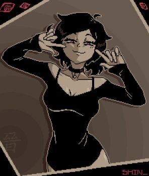 1girl artist_name ashley_graves bra_strap breasts choker cleavage commentary english_commentary limited_palette medium_breasts off-shoulder_shirt off_shoulder pink_eyes pixel_art ponytail shin_275 shirt smile solo the_coffin_of_andy_and_leyley upper_body
