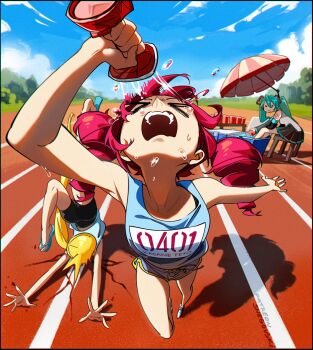3girls absurdres akita_neru bike_shorts blonde_hair blue_hair cooler crack cracked_floor cup detached_sleeves disposable_cup drill_hair faceplant flip-flops hatsune_miku highres kasane_teto multiple_girls open_mouth outdoors pleated_skirt pouring pouring_onto_self red_hair running running_track sandals shoes short_shorts shorts side_ponytail sitting skirt snegovski soaking_feet stool table tank_top twin_drills twintails umbrella utau vocaloid water white_shoes