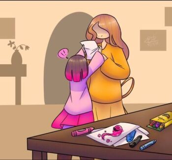agate_lightvale akumu_(glitchtale) bete_noire brown_hair crayon crayon_arts crayon_drawing framed glitchtale kumu_(glitchtale) long_hair orange_hair paper pink_hair pink_sweater purple_sweater short_hair skirt smile sweater table undertale utdr_(toby_fox) vase watermark