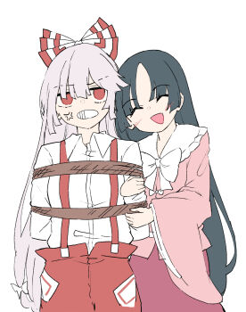 2girls ^_^ arm_hug black_hair blush bound bow bowtie closed_eyes collared_shirt commentary_request deetamu facing_viewer frilled_shirt_collar frills fujiwara_no_mokou grey_hair hair_bow highres long_hair long_sleeves looking_at_viewer multiple_girls ofuda ofuda_on_clothes open_mouth pants pink_shirt pink_skirt red_eyes red_pants rope shirt simple_background skirt smile suspenders tied_up_(nonsexual) touhou very_long_hair white_background white_bow white_bowtie white_shirt wide_sleeves yuri
