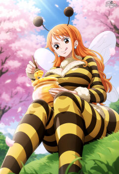 Rule 34 | absurdres, bee, bee costume, bee wings, breasts, brown eyes, bug, cherry blossoms, day, earrings, field, fur, grass, highres, honey, honey dipper, honey pot, insect, insect wings, jemmasoria, jewelry, large breasts, licking lips, nami (one piece), one piece, orange hair, outdoors, sitting, tongue, tongue out, wings