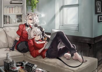 2girls absurdres alcohol ashtray barefoot black_nails black_pants bob_cut bookshelf breasts choker cigarette cigarette_pack computer couch cup demon_horns demon_tail drinking_glass earrings eyeshadow face_piercing family_bonding feet female_focus fingerless_gloves gloves hair_over_one_eye helltaker highres horns indoors jack_daniel's jewelry laptop light_rays lip_piercing lying makeup malina_(helltaker) multiple_girls nail_polish necklace nose_piercing on_couch pants piercing red_eyes red_shirt shirt siblings sisters smoking soles sunlight table tail toes whiskey white_hair window yan_jhia zdrada_(helltaker)