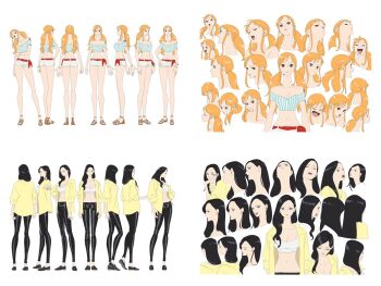 2girls ass bare_legs bare_shoulders breasts curvy happy huge_breasts jacket large_breasts looking_at_viewer low_twintails multiple_girls multiple_views nami_(one_piece) nico_robin official_art one_piece open_clothes open_jacket pants reference_sheet shiny_skin short_shorts shorts smile turnaround twintails wide_hips