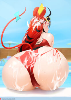 1girl absurdres animal_ears aqua_bow artist_name ass ass_focus bikini black_hair blue_sky bow commentary cum cum_on_ass cum_on_body cum_on_hair dice_hair_ornament english_commentary eyewear_on_head foreshortening hair_ornament hakos_baelz hakos_baelz_(holonatsu_paradise) highres hololive hololive_english itch.io_logo itch.io_username large_variant_set long_hair mouse_ears mouse_girl outdoors paid_reward_available parasol pool poolside red_bikini red_hair ringsel side-tie_bikini_bottom sky solo sunglasses swimsuit tail tail_bow tail_ornament umbrella variant_set virtual_youtuber water_drop watermark web_address wet white_hair yellow-framed_eyewear